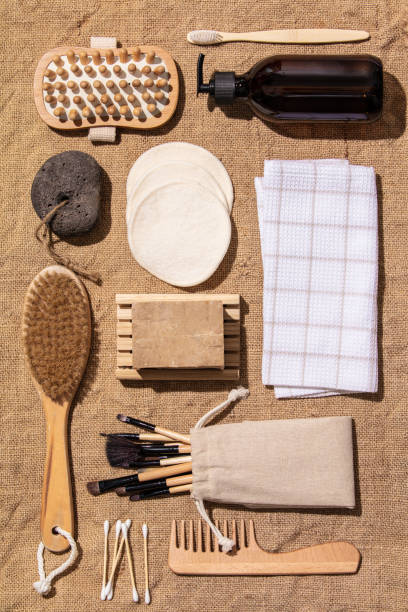 istock Zero waste, eco friendly bathroom accessories  on burlap fabric background 1175203266
