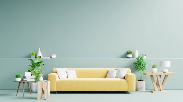 istock Light green living room interior with Yellow fabric sofa ,lamp and plants on empty. 1175203368