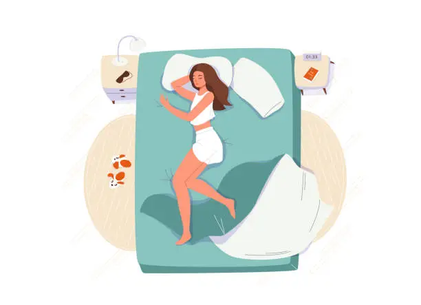 Vector illustration of Sleep woman vector background. Sleeping girl on the side wearing on pajamas, lying on bed with pillows and blanket in the bedroom. Top view illustration