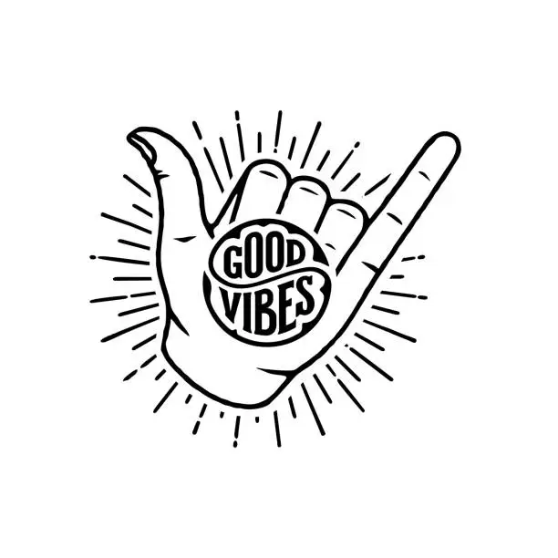 Vector illustration of Good vibes circular lettering, shaka surf hand sign. Great for print on t-shirt, poster, banner, surfboard, postcard.