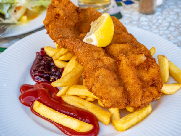 fresh Wiener schnitzel with fries