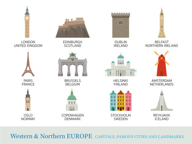 ilustraciones, imágenes clip art, dibujos animados e iconos de stock de ciudades de europa occidental y del norte lugares de interés en estilo plano - dublin ireland place of worship church travel destinations