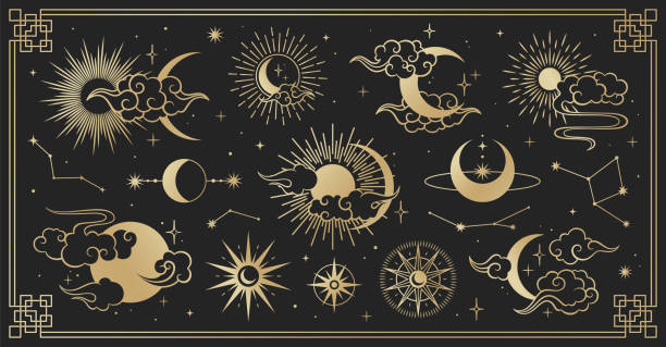 Asian set with clouds, moon, sun and  stars . Vector collection in oriental chinese, japanese, korean style. Line hand drawn illustration isolated on black background. Retro elements set. Asian set with clouds, moon, sun and  stars . Vector collection in oriental chinese, japanese, korean style. Line hand drawn illustration isolated on black background. Retro elements set. asian tattoos stock illustrations