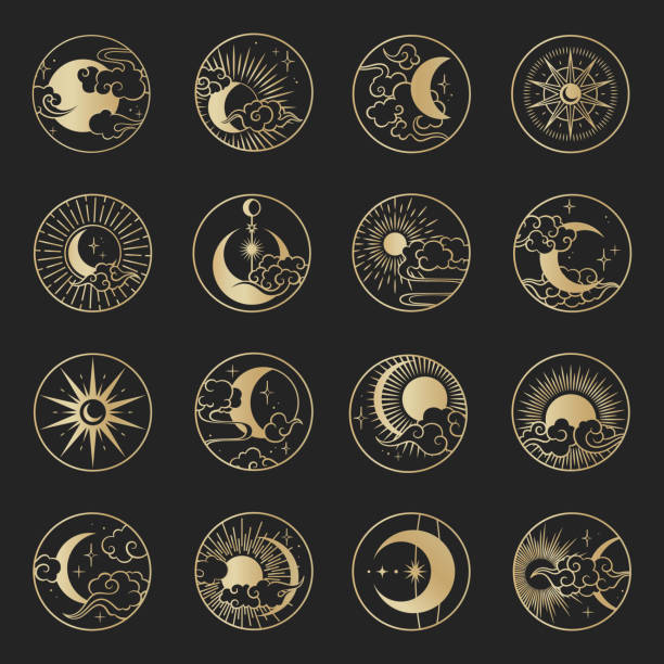 Asian circle pattern set with clouds, moon, sun, stars . Vector collection in oriental chinese, japanese, korean style. Line hand drawn illustration isolated on black background. Asian circle pattern set with clouds, moon, sun, stars . Vector collection in oriental chinese, japanese, korean style. Line hand drawn illustration isolated on black background. Retro elements set. moon backgrounds stock illustrations