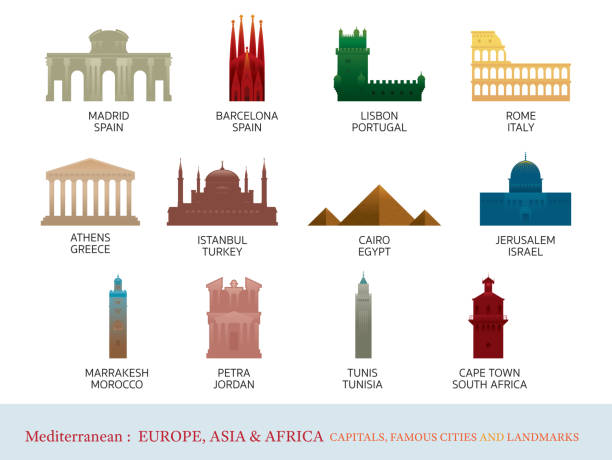 ilustrações de stock, clip art, desenhos animados e ícones de mediterranean europe, africa, asia cities landmarks - petra