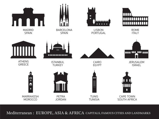 ilustrações de stock, clip art, desenhos animados e ícones de mediterranean europe, africa, asia cities landmarks silhouette - petra