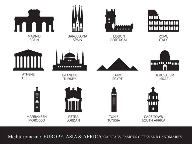 Mediterranean Europe, Africa, Asia Cities Landmarks Silhouette Capitals, Famous Place, Buildings, Travel and Tourist Attraction marrakech stock illustrations