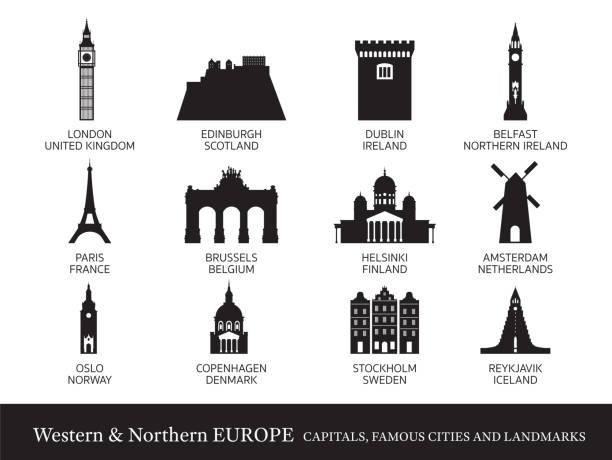 ilustraciones, imágenes clip art, dibujos animados e iconos de stock de ciudades de europa occidental y del norte landmarks silhouette - dublin ireland place of worship church travel destinations