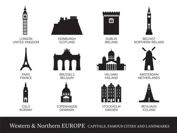 ilustrações de stock, clip art, desenhos animados e ícones de western and northern europe cities landmarks silhouette - brussels