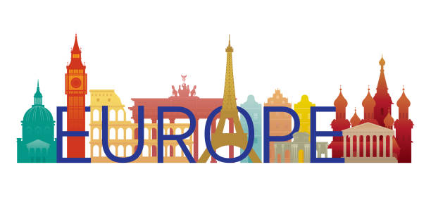 europa skyline wahrzeichen mit text oder wort - west berlin stock-grafiken, -clipart, -cartoons und -symbole