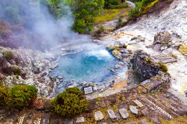 Hot thermal springs in Furnas village, Sao Miguel island, Azores, Portugal. Caldeira do Asmodeu