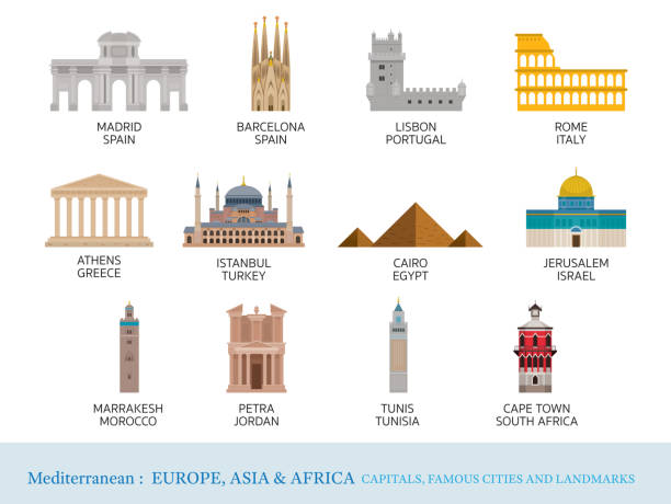 средиземноморская европа, африка, азия города ориентиры - petra stock illustrations