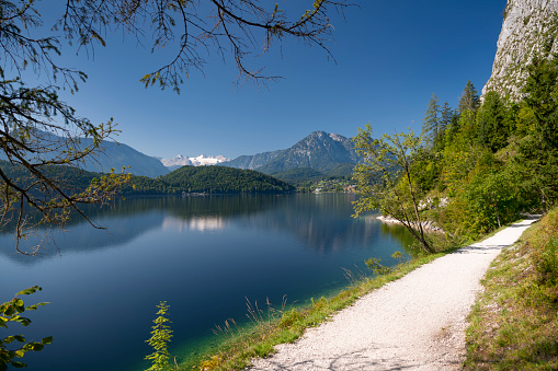 Panoramic Hiking trail around the beautiful lake Altaussee with the famous Dachstein Glacier in back. Austrian Alps Panorama. Nikon D850. Converted from RAW.