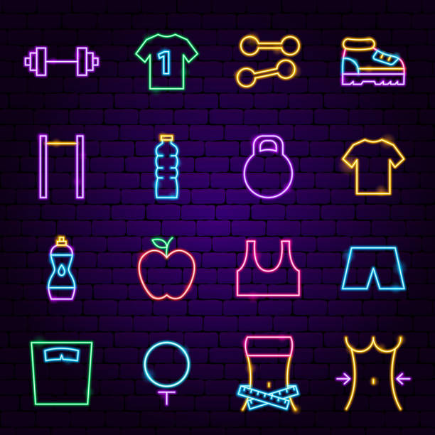 Fitness Neon Icons Fitness Neon Icons. Vector Illustration of Sport Promotion. Barbell stock illustrations