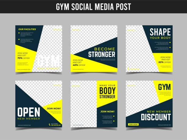 szablon banera z kwadratu siłowni. baner promocyjny do postu w mediach społecznościowych, banera internetowego i ulotki vol.3 - gym yellow muscular build dumbbell stock illustrations