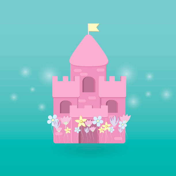 istock Cartoon medieval fun pink castle with flag. Magic cartoon castle for princess from fairy tale icon. Funny pink cartoon castle with decoration background. 1175220947
