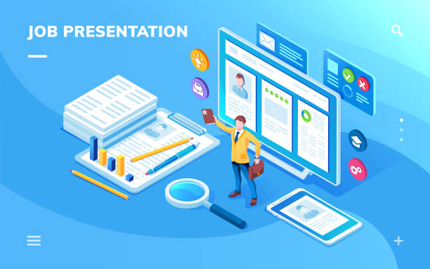 ilustraciones, imágenes clip art, dibujos animados e iconos de stock de pantalla de solicitud de presentación de trabajo o página isométrica para cv candidato de trabajo o constructor de cv. aplicación de smartphone para agencia de reclutamiento o negocio de contratación, búsqueda de vacantes, empleado. - group of objects business human resources laptop