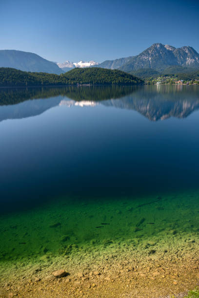 Panorama of the beautiful lake Altaussee with the famous Dachstein Glacier in back. Nature Reserve with Drinking Water Quality. Austrian Alps Panorama. Nikon D850. Converted from RAW.