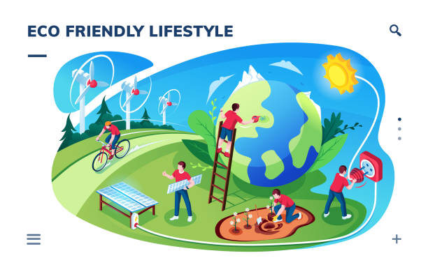 エコフレンドリーなライフスタイルコンセプトを持つアイソメスマートフォン画面。エコロジーとグリーンアース、持続可能なエネルギー。風力タービンとソーラーパネル電気、太陽と地球� - cycling bicycle healthy lifestyle green点のイラスト素材／クリップアート素材／マンガ素材／アイコン素材