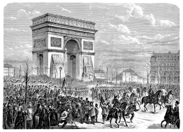 1871년 3월 1일, 독일군이 개선문에서 파리로 진입한 1871년 3월 1일, 프랑코-독일 전쟁 - paris france arc de triomphe france french culture stock illustrations