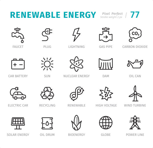 ilustraciones, imágenes clip art, dibujos animados e iconos de stock de energía renovable : pixel iconos de línea perfectos con subtítulos - oil drum fuel storage tank barrel container