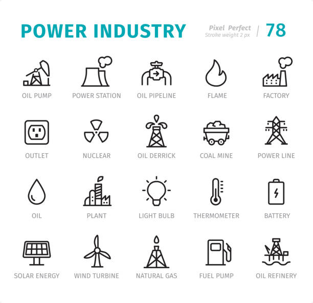 ilustraciones, imágenes clip art, dibujos animados e iconos de stock de industria de energía - pixel iconos de línea perfectos con subtítulos - oil well fire