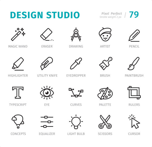 Design Studio - Pixel Perfect line icons with captions Design Studio - 20 Outline Style - Single line icons with captions / Set #79 / Designed in 48x48pх square, outline stroke 2px.
First row of outline icons contains:
Magic Wand, Eraser, Drawing, Artist, Pencil;
Second row contains:
Highlighter, Utility Knife, Eyedropper, Brush, Paintbrush;
Third row contains:
Typescript, Eye, Curves, Palette, Rulers;
Fourth row contains:
Concepts, Equalizer, Light Bulb, Scissors, Cursor.
Complete Signico collection - https://www.istockphoto.com/collaboration/boards/VT_7sDWo80OLh7foVxchBQ proof reading documents stock illustrations