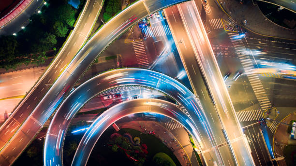Aerial view of overpass at night