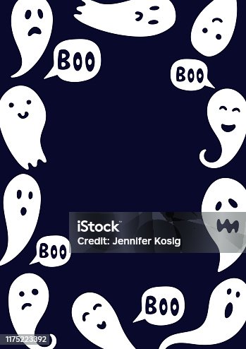 istock Ghost illustrations on halloween invitation with dark blue background 1175223392
