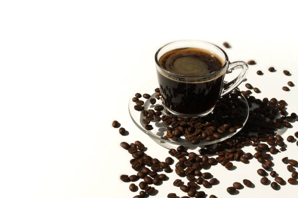 istock Cup of coffee and beans on white background with sunlight. Copy space 1175223451