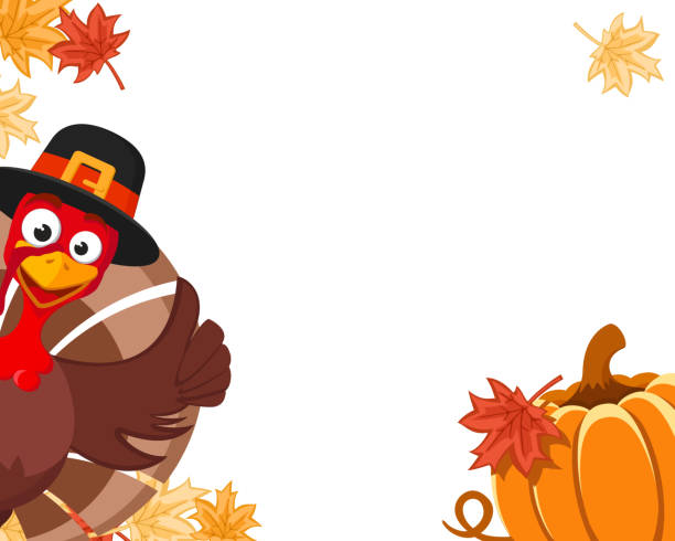 ilustrações de stock, clip art, desenhos animados e ícones de turkey in a hat peeks out with a pumpkin and autumn leaves, place for text. blanche thanksgiving day - peru