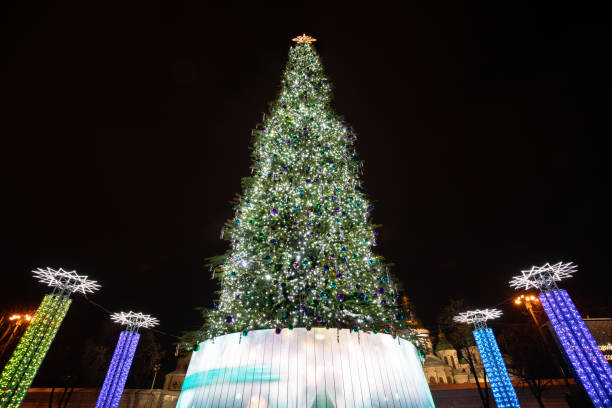 istock Christmas Tree glittering against dark night sky 1175227571