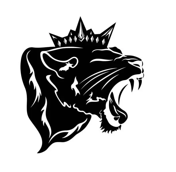 Vector illustration of roaring black panther with royal crown profille vector portrait