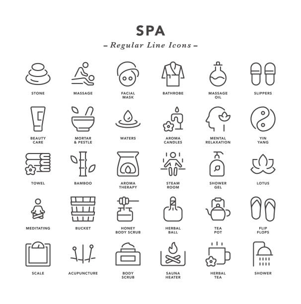 illustrations, cliparts, dessins animés et icônes de spa - icônes de ligne régulière - sauna health spa healthy lifestyle wellbeing
