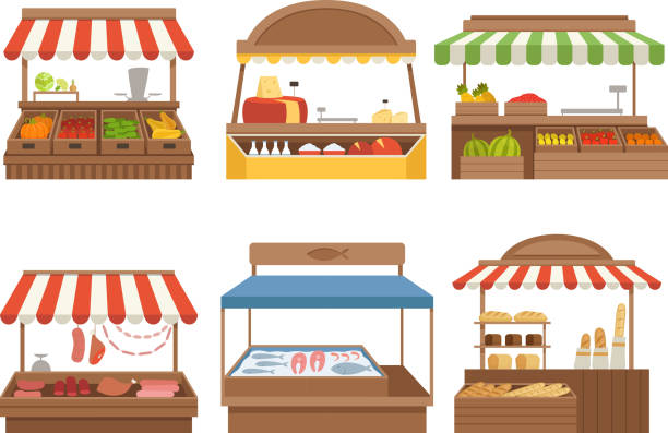 Local market. Street food places stands outdoor farm vegetables fruits meat and milk vector pictures Local market. Street food places stands outdoor farm vegetables fruits meat and milk vector pictures. Illustration farm marketplace, dairy and sausage natural, farm stall with awning market stall stock illustrations
