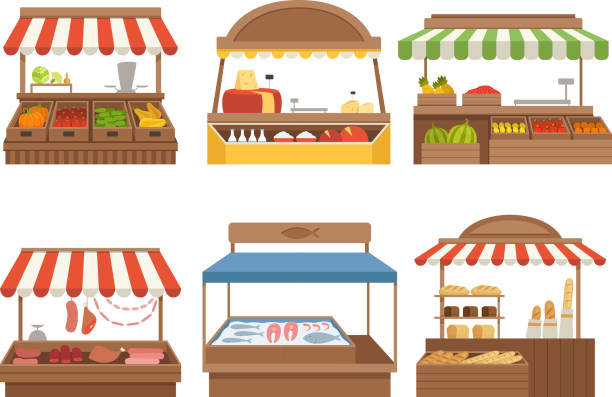 Local market. Street food places stands outdoor farm vegetables fruits meat and milk vector pictures Local market. Street food places stands outdoor farm vegetables fruits meat and milk vector pictures. Illustration farm marketplace, dairy and sausage natural, farm stall with awning fashion bazaar stock illustrations
