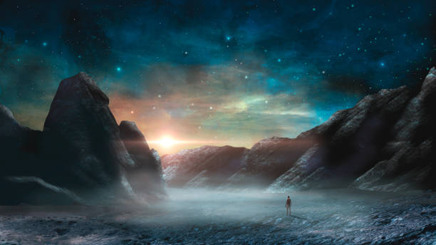 Man standing in sci-fi magical landscape with rock valey, star and sun. Digital painting illustration, 3d rendering. https://mars.nasa.gov/resources/7485/hinners-point-above-floor-of-marathon-valley-on-mars-enhanced-color/ stock photo