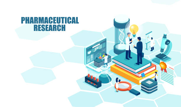 ilustrações de stock, clip art, desenhos animados e ícones de vector of a pharmaceutical research laboratory with scientists working to develop new drugs and genetic testing - laboratory doctor white collar worker research