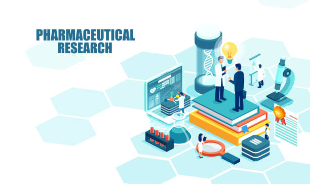 вектор фармацевтической исследовательской лаборатории с учеными, работающими над разработкой новых препаратов и генетическим тестирован - фармацевтической stock illustrations