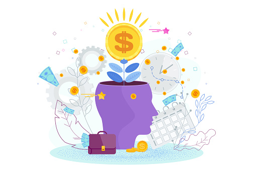 From the head of a man grows a money tree. Financial growth business concept. Dollars grow in a flower pot. Business metaphor for wealth, success and prosperity. Financial literacy. Flat cartoon illustration.