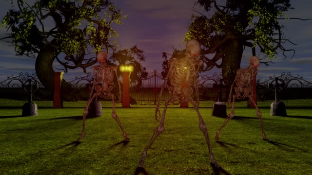 Dancing skeletons in the cemetery at night. Halloween concept.