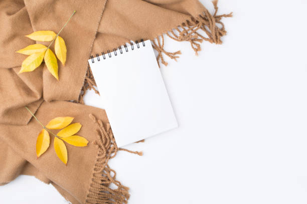 istock Notebook, autumn leaves, plaid on white background. FlatLay, top view, copy space 1175234340