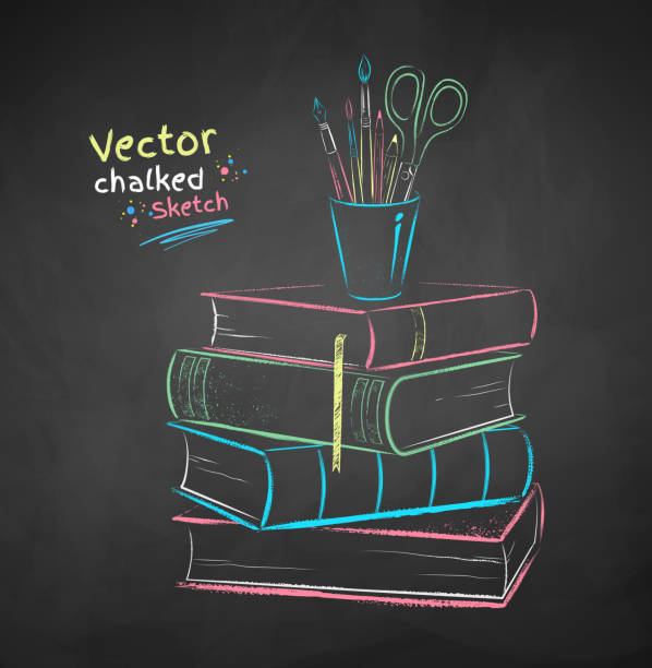 istock Chalk illustration of books and desk organizer 1175234583