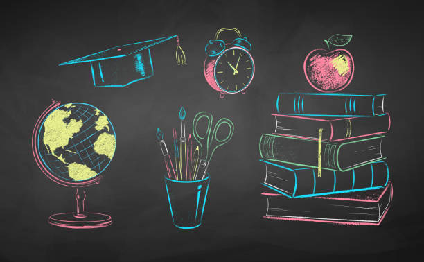 教育項目のチョークイラスト - blackboard apple learning education点のイラスト素材／クリップアート素材／マンガ素材／アイコン素材