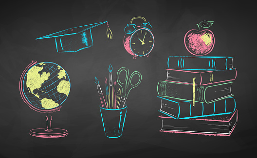 Vector collection of color chalk drawn illustrations of education items on chalkboard background.