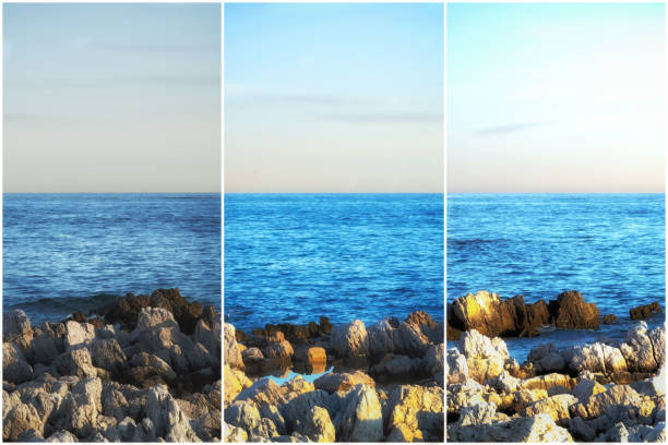 triptych of a seascape at different times of the day from sunrise to sunset - day to sunset imagens e fotografias de stock