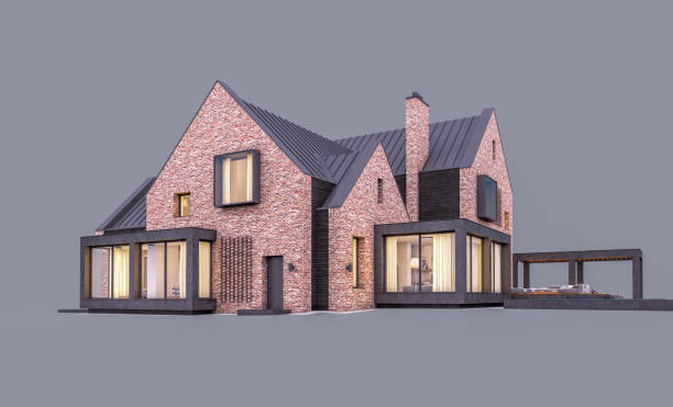 istock 3d rendering of modern clinker house on the ponds with pool in evening isolated on gray 1175236829