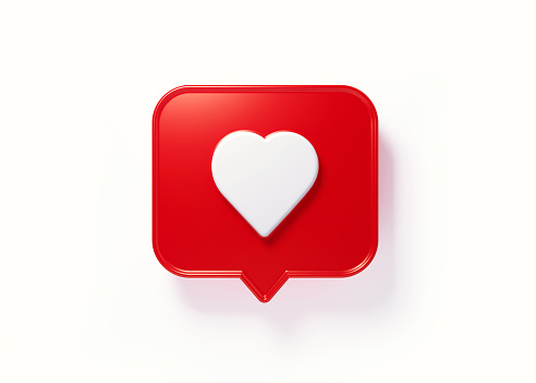 Red speech bubble with white heart shape on white background. Horizontal composition with copy space. Clipping path is included.