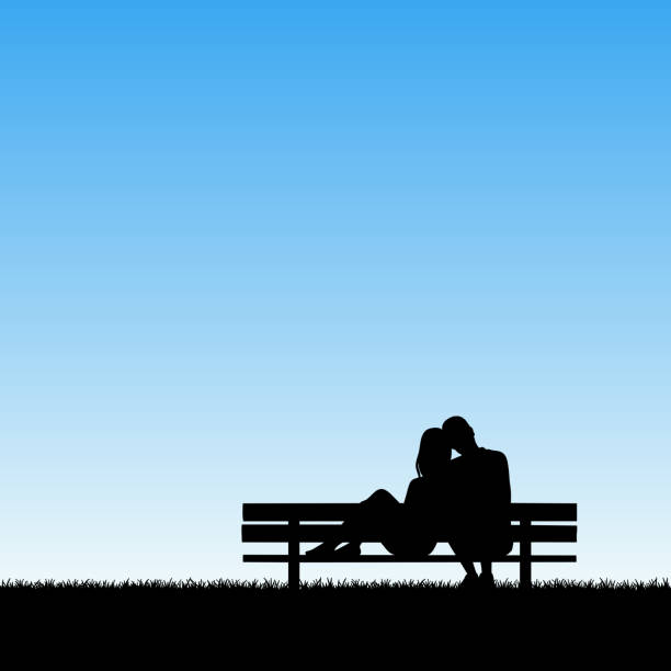 liebhaber sitzen auf der bank im park - bench park park bench silhouette stock-grafiken, -clipart, -cartoons und -symbole