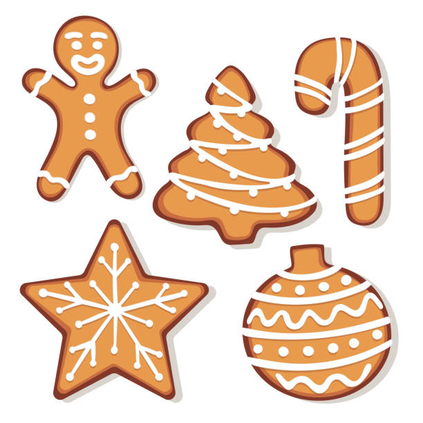 진저 브레드 크리스마스 쿠키 일러스트 세트 - bakery biscuit christmas decoration christmas ornament stock illustrations